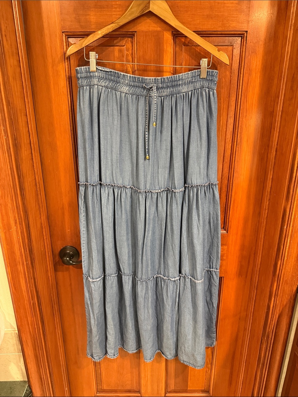 Esprit Light Blue Tiered Drawstring Denim Maxi Skirt